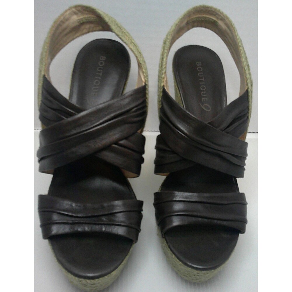 Boutique9  BTILLY Women's High Wedge Leather Sandals  In  Dark Brown  Size 9.5M
